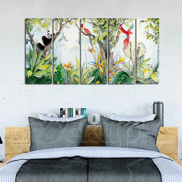 Animals & Bird In Forest Canvas Wall Painting - With 5 Panel