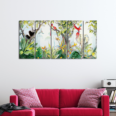 Animals & Bird In Forest Canvas Wall Painting - With 5 Panel