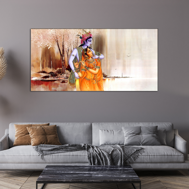 Artistic Radha Krishna Playing Flute Canvas Wall Painting