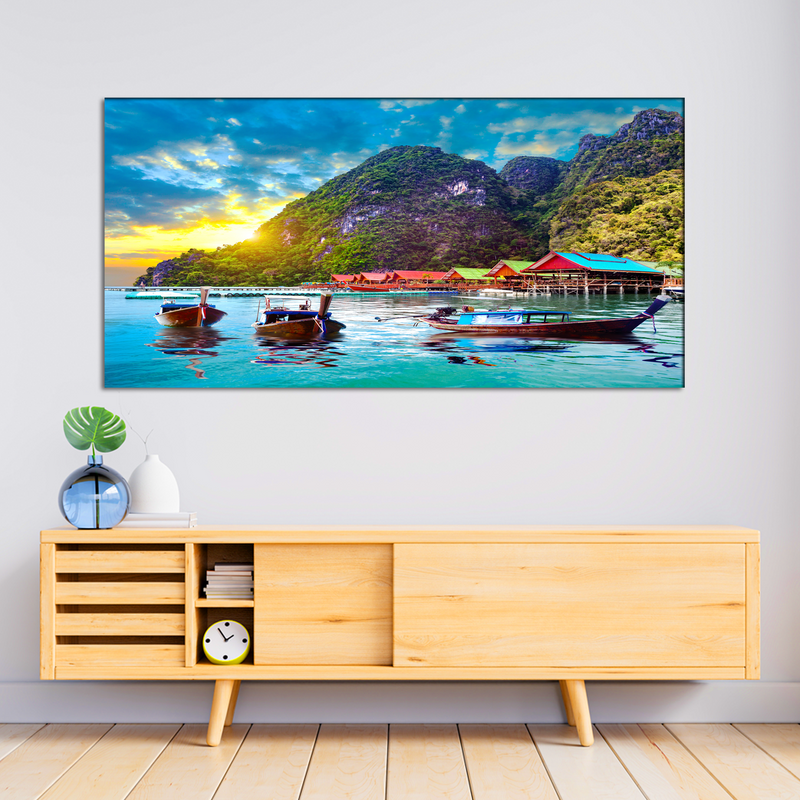 Beautiful Mountain & Boat Sunset Scenery Canvas Wall Painting