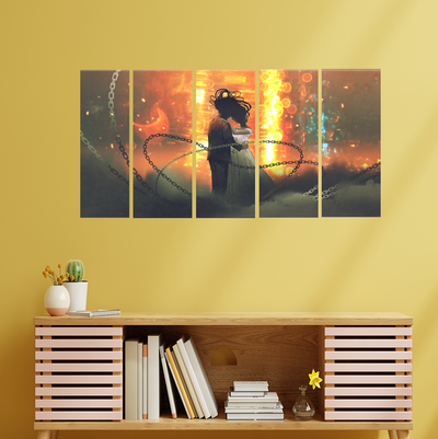 Couple In Fire Background Canvas Wall Painting - With 5 Panel