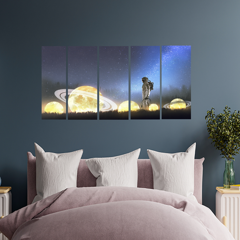 Astronaut and Space Canvas Wall Painting - With 5 Panel