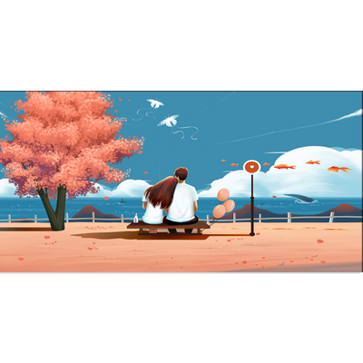 Love Couple Seating On Sea Side Illustration Canvas Wall Painting