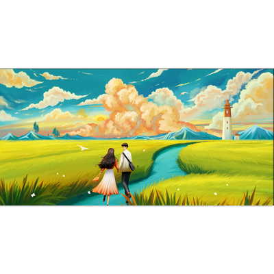 Lovers are running in a wheat field Canvas Print Wall Painting