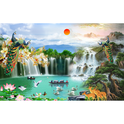 Beautiful Waterfall Scenery Digitally Printed Wallpaper