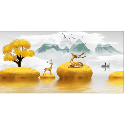 Illustration Of Golden Tree & Deer On River Canvas Wall Painting