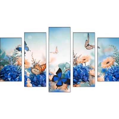Blue Butterfly With Flower Wood Framed Canvas Wall Painting- With 5 Frames