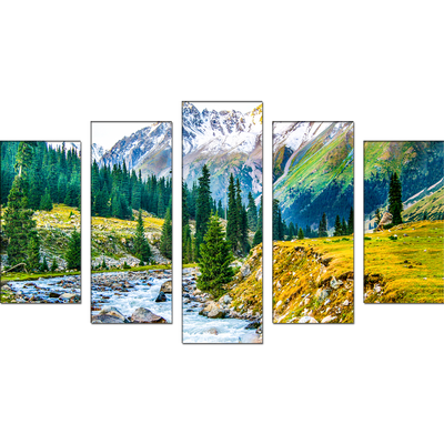 Mountain Tree & Water Scenery Canvas Wall Painting- With 5 Frames