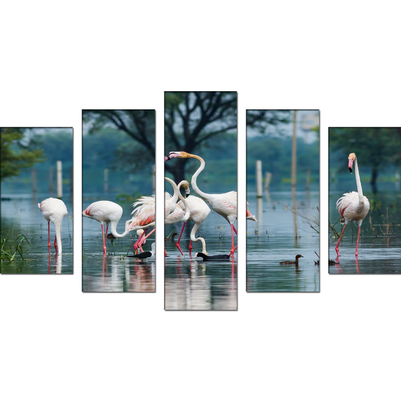 Flamingo Birds Canvas Panel Wall Painting - With 5 Frames