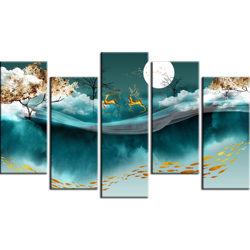 Deer and Moon Canvas Panel Wall Painting - 5 Frames