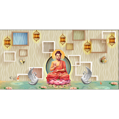 Buddha On Lotus With Swans Canvas Wall Painting