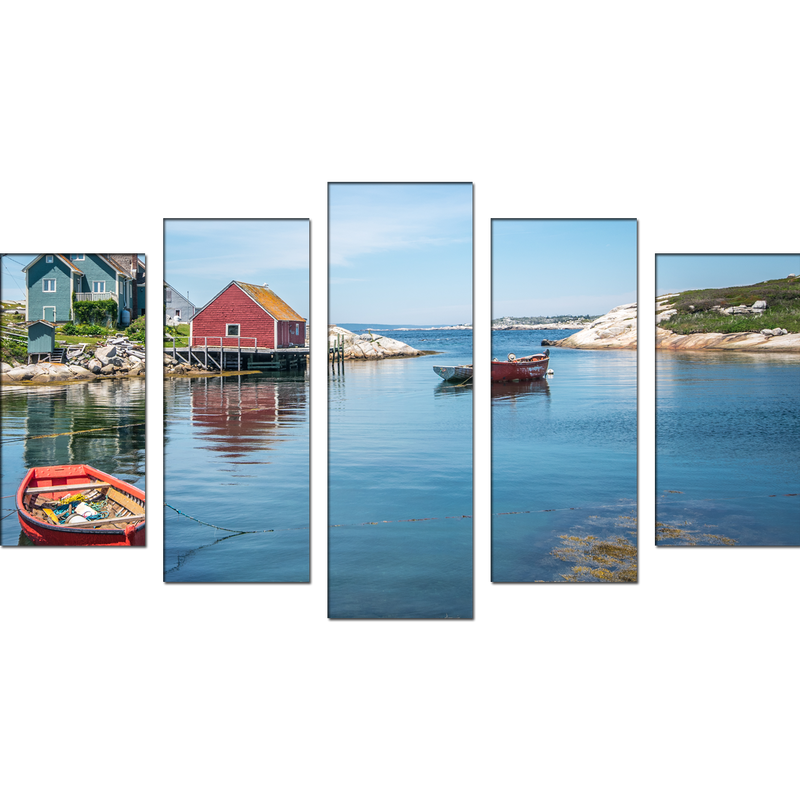 Boats & House Scenery Canvas Wall Painting- With 5 Frames