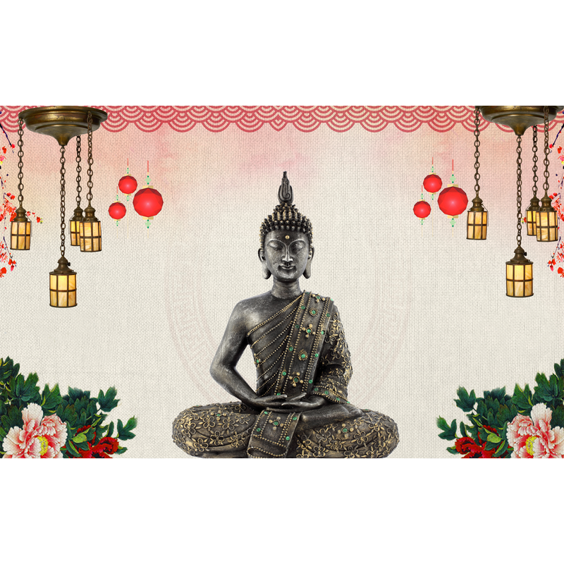 Buddha With Decorative Background Digitally Printed Wallpaper