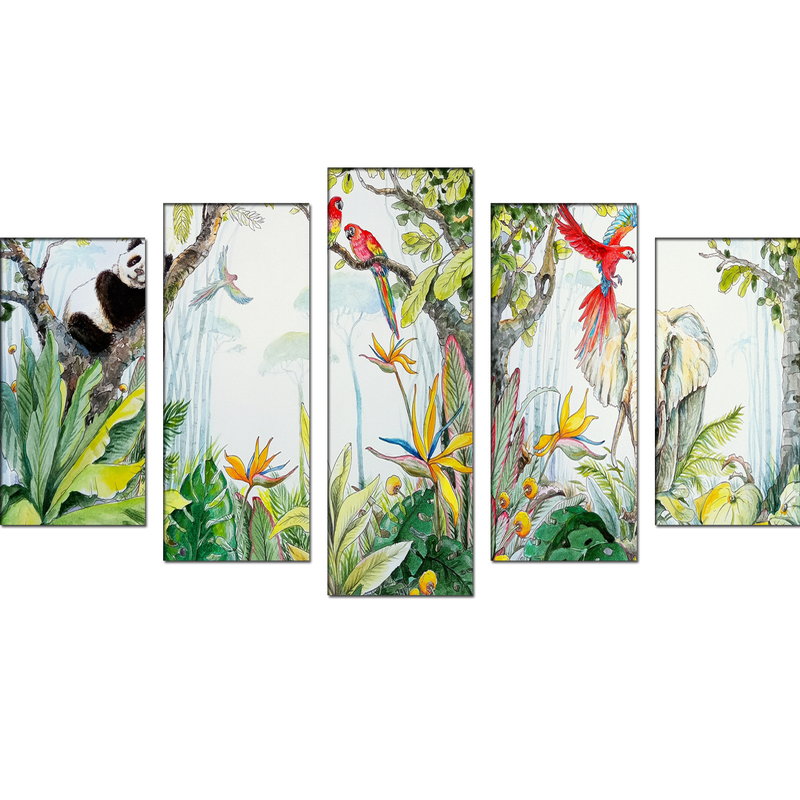 Animals & Bird In Forest Canvas Wall Painting- With 5 Frames