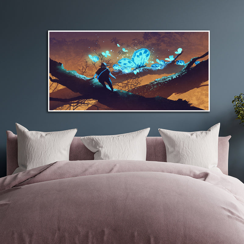 Man Looking at Blue Butterflies Canvas Floating Frame Painting