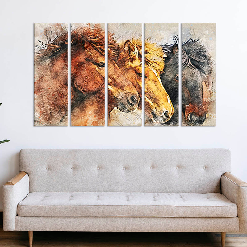 Colorful Three Horses Canvas Wall Painting - With 5 Panel
