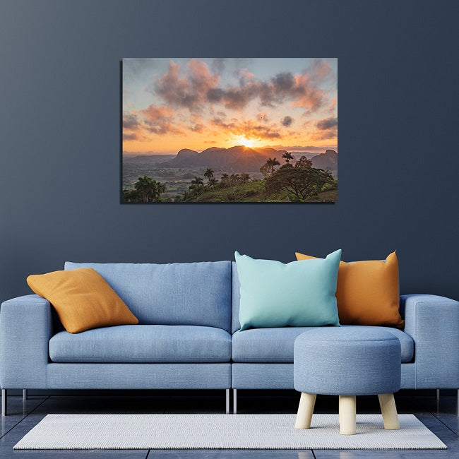 Green Grass Field & Sunset View Print On Canvas Wall Painting