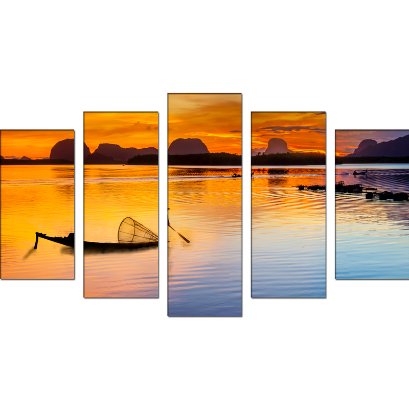 Boat Sunrise Canvas Wall Painting- With 5 Frames