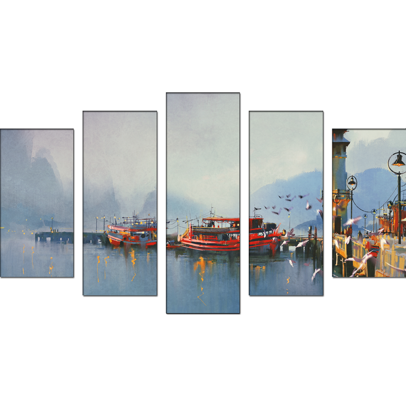 Fishing Boats In Harbor Canvas Panel Wall Painting - With 5 Frames