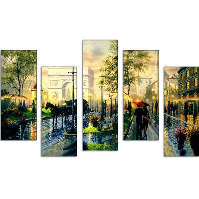 City Road View With Couple Canvas Wall Painting- With 5 Frames