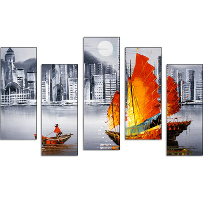 Colorful Boat In Grey Background Canvas Wall Painting - With 5 Frames