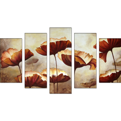 Brown Flower Canvas Wall Painting- With 5 Frames