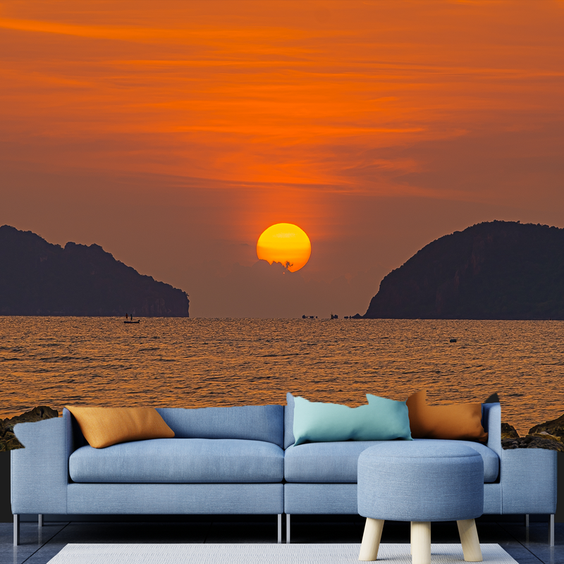 Beautiful Orange Sunset View Digitally Printed Wallpaper