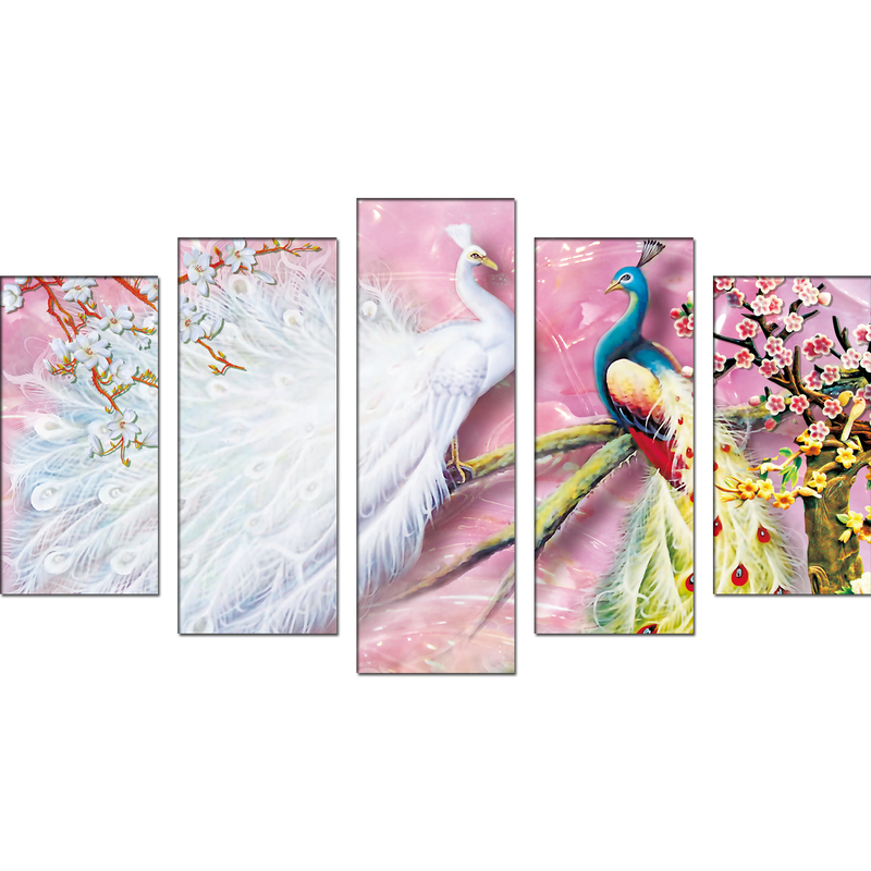 Beautiful white & Colored Peacock Canvas Wall Painting- With 5 Frames