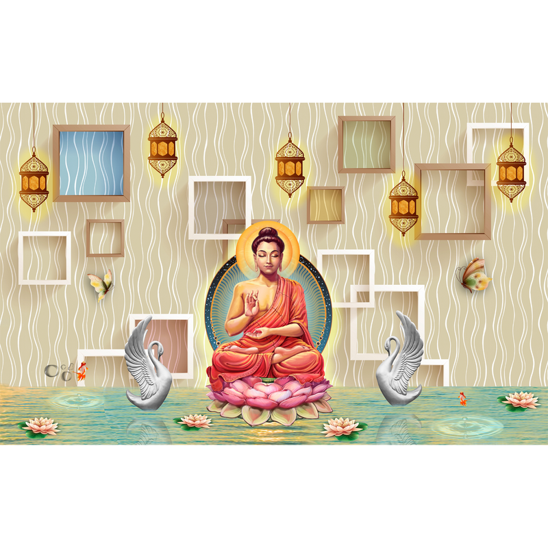 Buddha On Lotus With Swans Painting Non Ovens Wallpapers