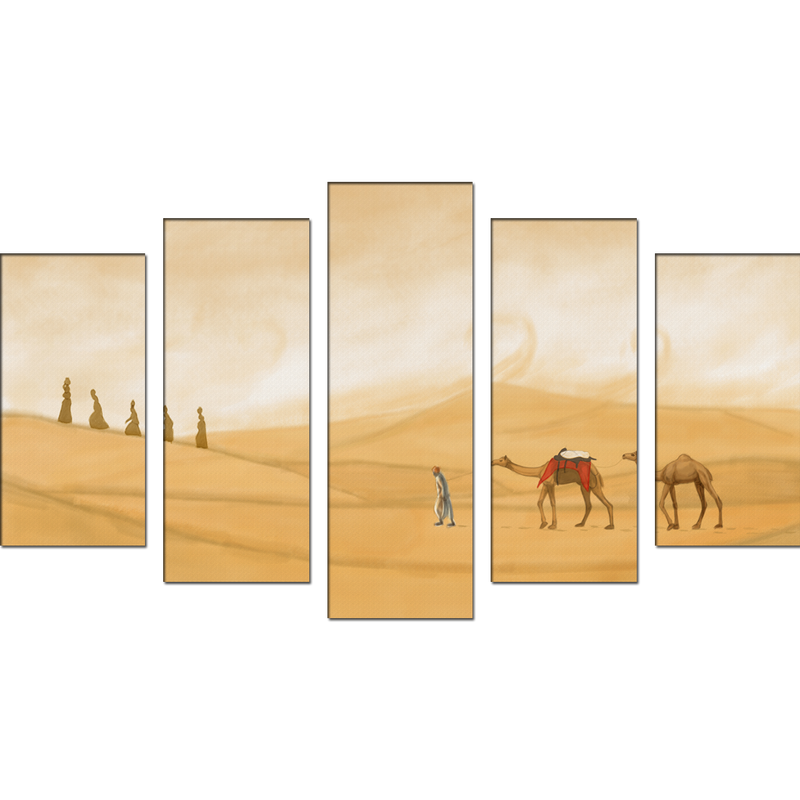 Camel In Desert Canvas Wall Painting- With 5 Frames
