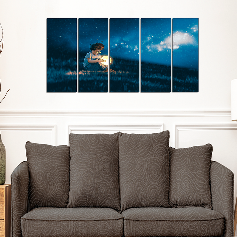 Boy With A Moon Light Ball In Hand Canvas Wall Painting - With 5 Panel