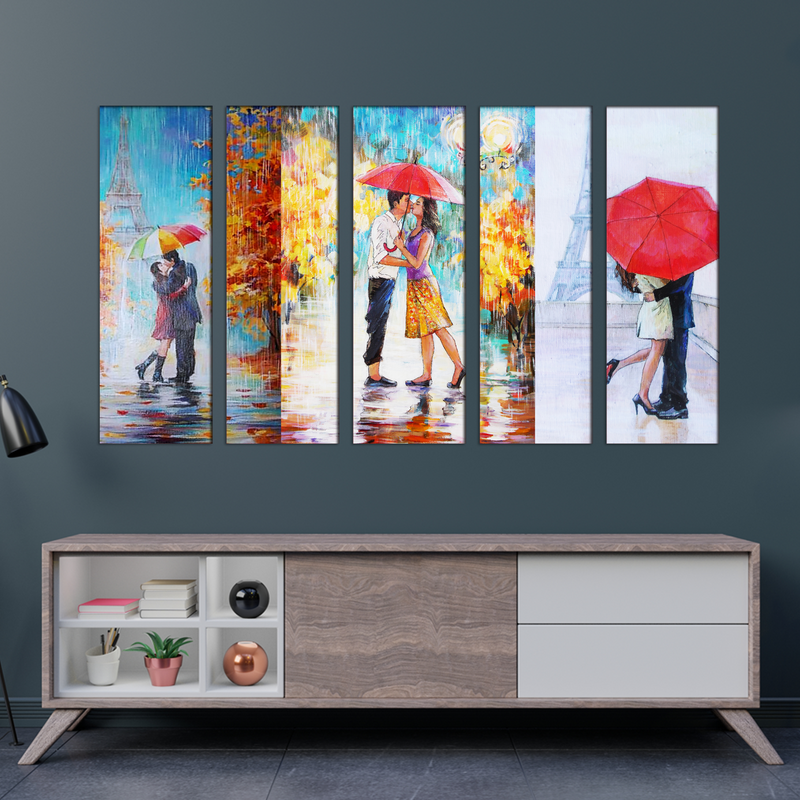 Couple In Rain Canvas Wall Painting- With 5 Frames