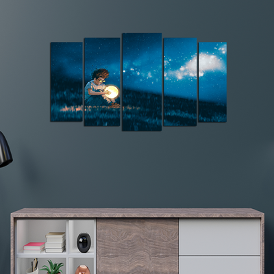 Boy With A Moon Light Ball In Hand Canvas Wall Painting - With 5 Panel