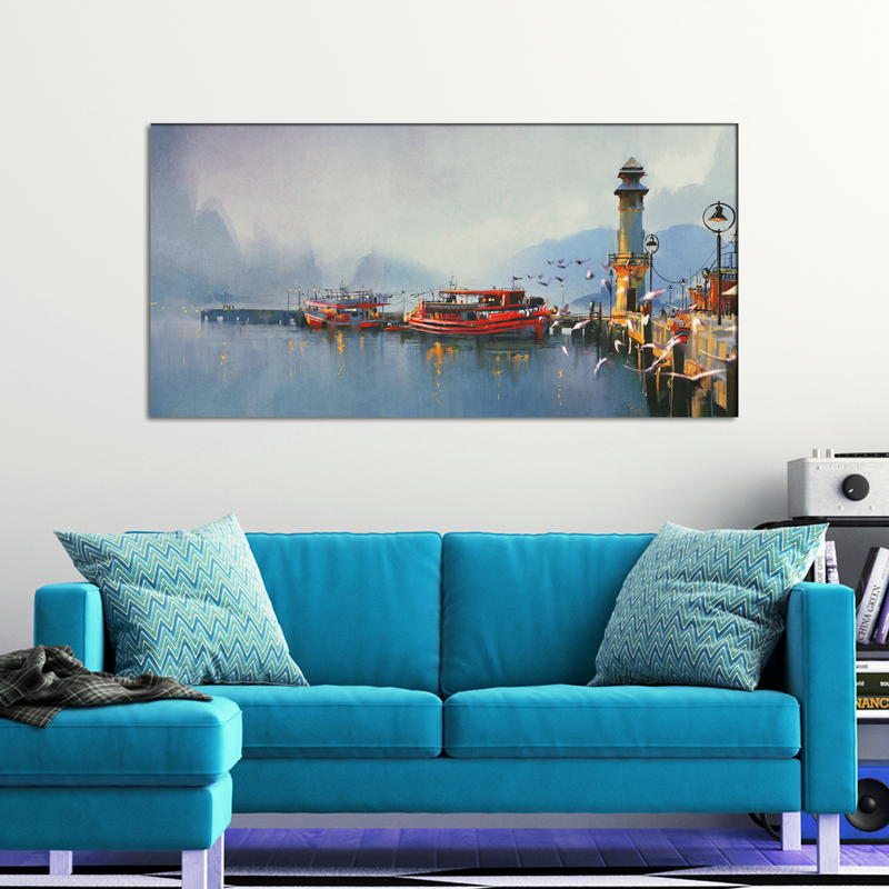 Fishing Boats In Harbor Canvas Wall Painting