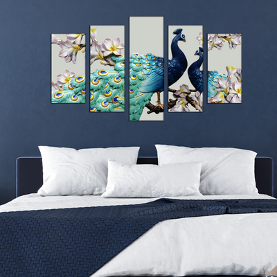Couple Of Peacock Canvas Wall Painting- With 5 Frames