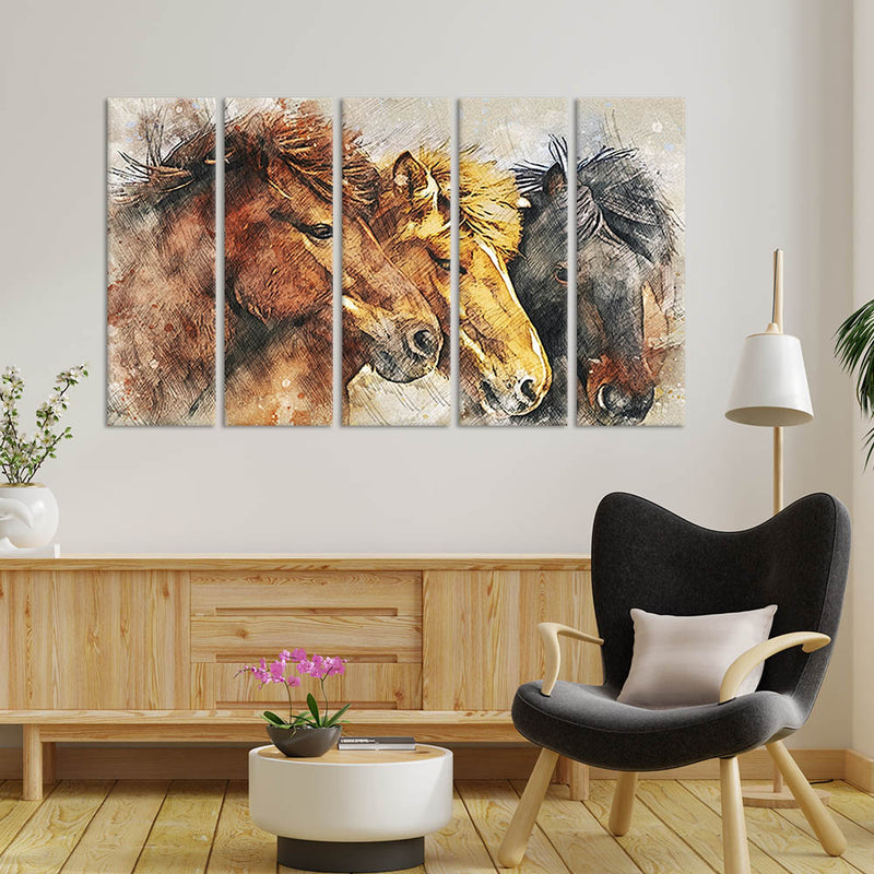 Colorful Three Horses Canvas Wall Painting - With 5 Panel