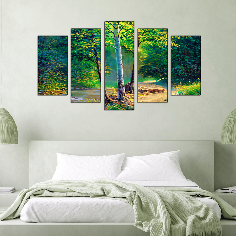 Green Forest Canvas Wall Painting- With 5 Frames