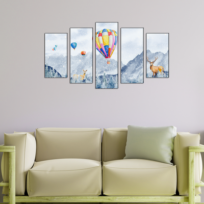 Hot Air Balloon And Deer Canvas Wall Painting- With 5 Frames