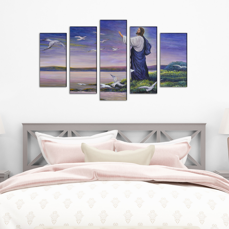 Jesus with Birds Canvas Wall Painting- With 5 Frames
