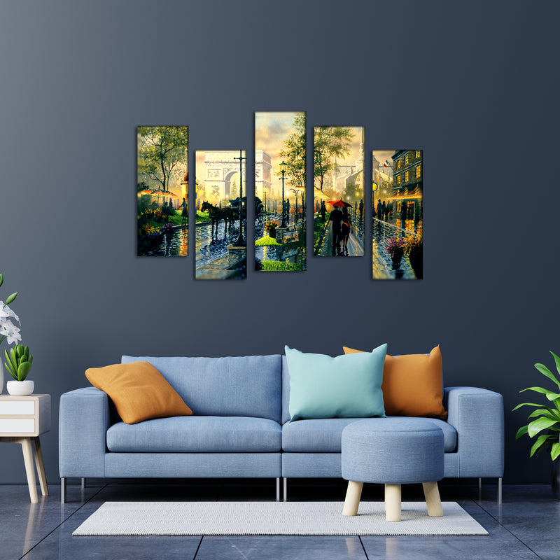 City Road View With Couple Canvas Wall Painting- With 5 Frames