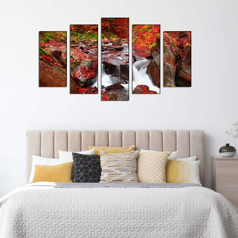 Autumn Waterfall Scenery Canvas Wall Painting- With 5 Frames