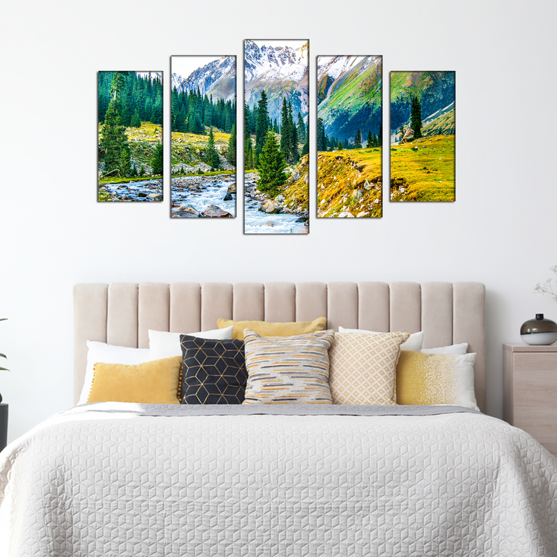 Mountain Tree & Water Scenery Canvas Wall Painting- With 5 Frames