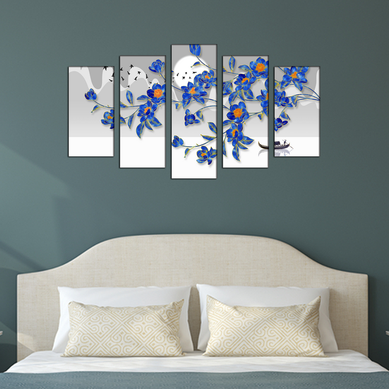 Blue Flowers & Flying Birds Canvas Wall Painting- With 5 Frames