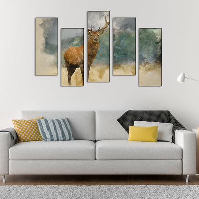 Deer Canvas Panel Wall Painting - With 5 Frames