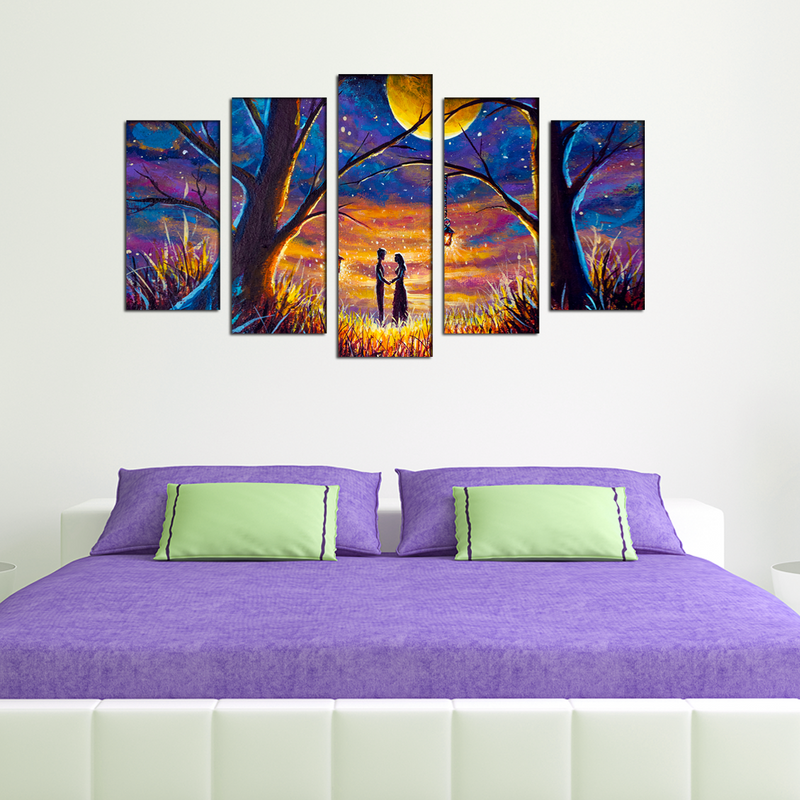 Couple In Forest At Night Under Moon Canvas Wall Painting- With 5 Frames