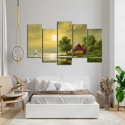 Beautiful Sunset In Village Canvas Wall Painting- With 5 Frames