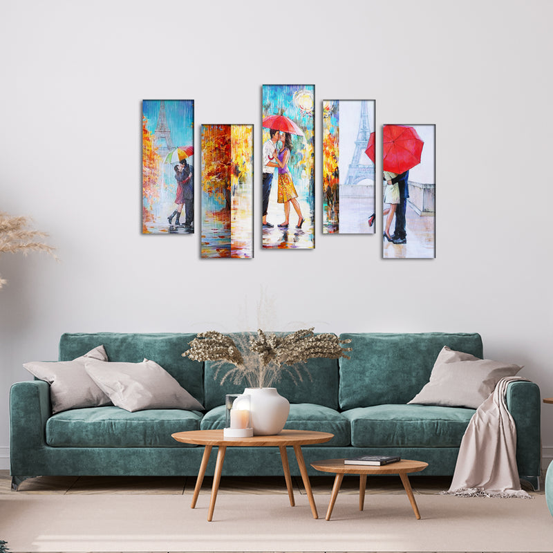 Couple In Rain Canvas Panel Wall Painting - With 5 Frames