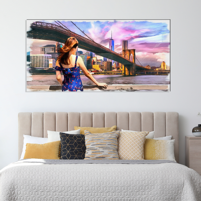 Girl Standing Into Brooklyn Bridge Canvas Wall Painting