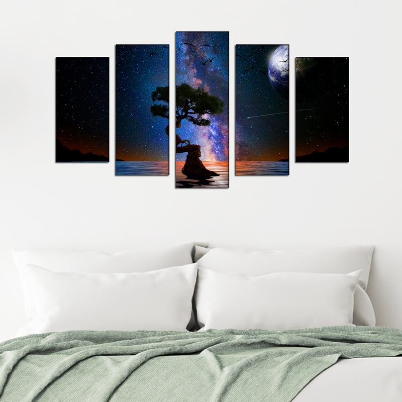 Glittery Night Over The Lake With Tree Canvas Wall Painting- With 5 Frames