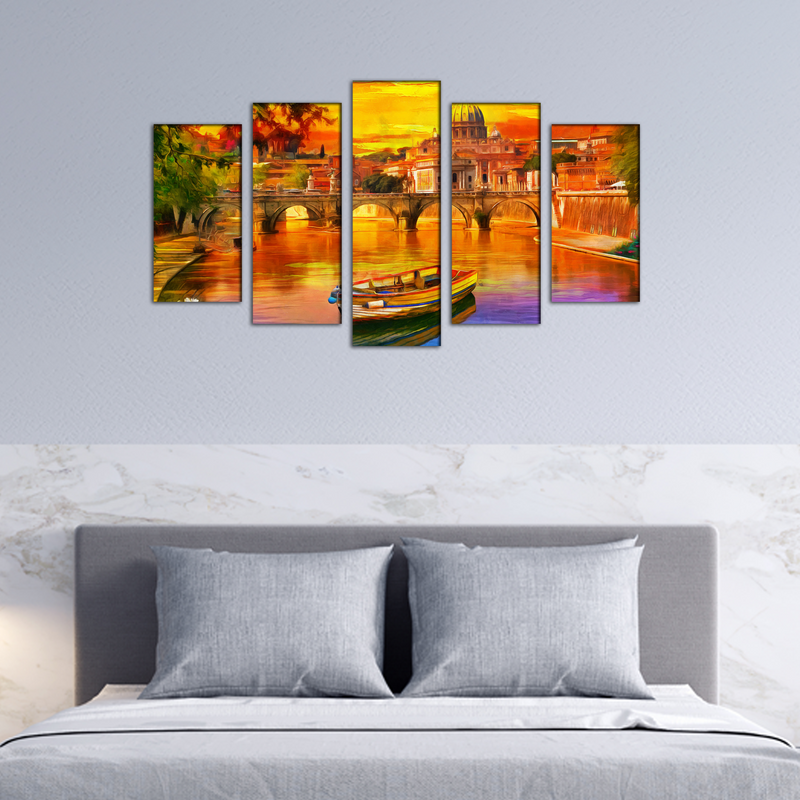 Abstract Lake Scenery Canvas Wall Painting- With 5 Frames